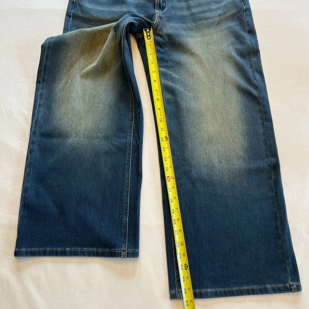 Halara Flex Denim Blue Wide Leg Stretch Asymmetrical Waist Jeans NWT Size MP - Picture 6 of 9